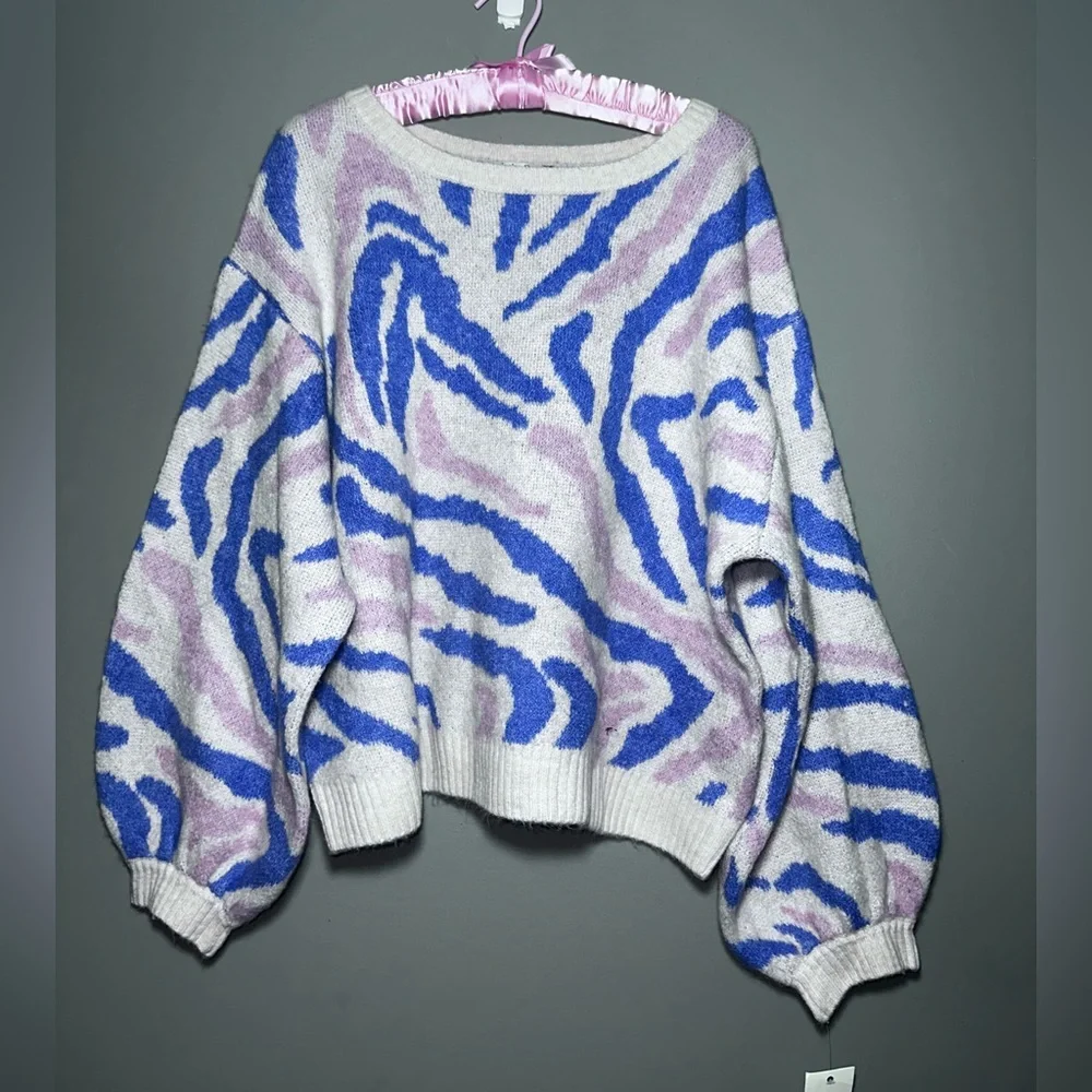Soft Abstract Zebra Sweater w/ Puffy Sleeves Cozy Warm Balloon Sleeve Knit